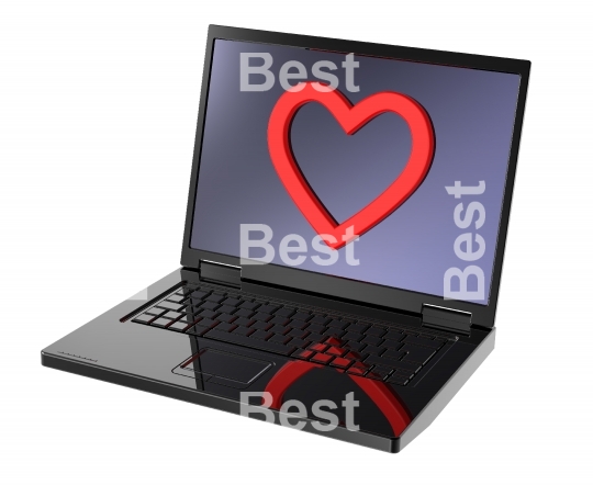 Laptop with heart on the screen isolated over white background. 