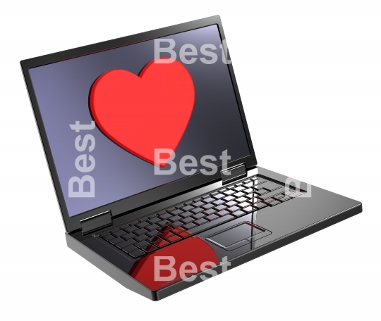 Laptop with heart on the screen isolated over white background. 