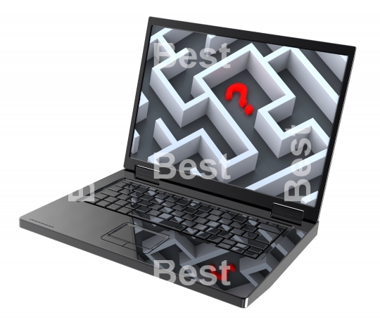 Laptop with maze on the screen isolated over white.