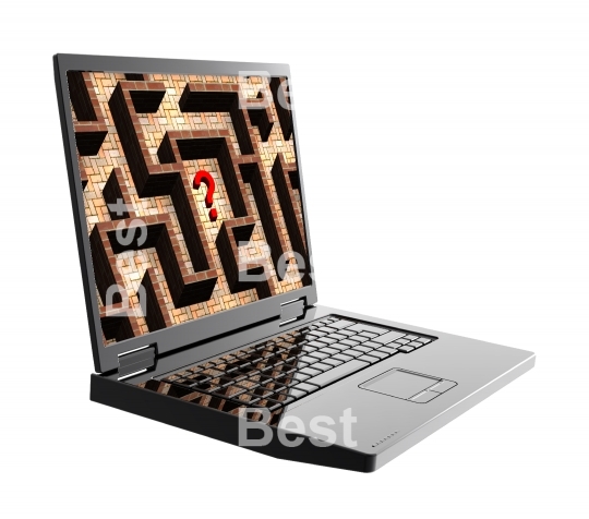 Laptop with maze on the screen isolated over white.