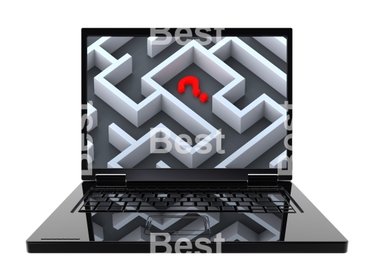 Laptop with maze on the screen isolated over white.