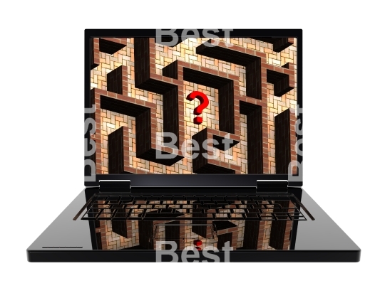 Laptop with maze on the screen isolated over white.