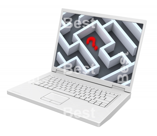 Laptop with maze on the screen isolated over white.