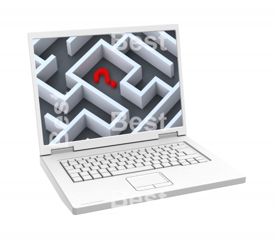 Laptop with maze on the screen isolated over white.