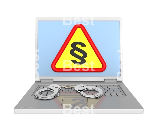 Laptop with paragraph sign and handcuffs isolated on white.