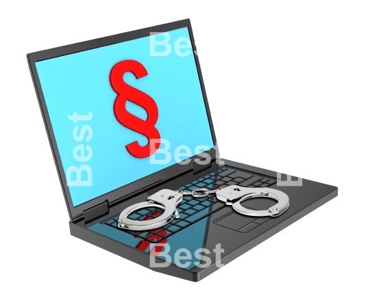 Laptop with paragraph sign and handcuffs isolated on white.
