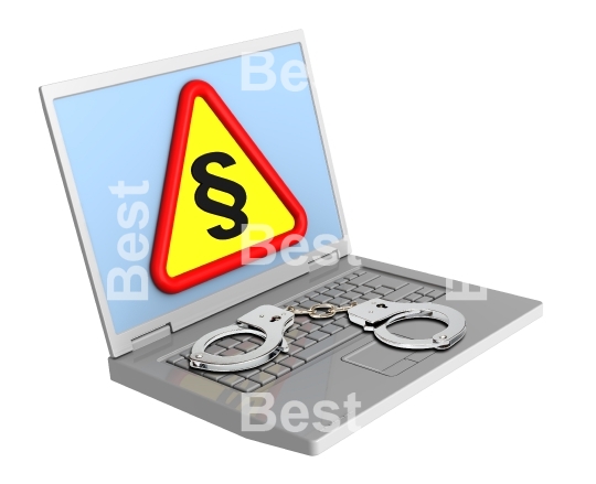 Laptop with paragraph sign and handcuffs isolated on white.