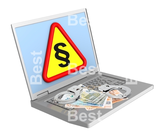 Laptop with paragraph sign, euro bills and handcuffs