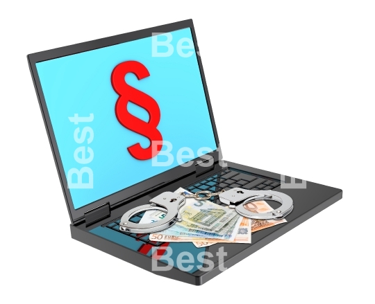 Laptop with paragraph sign, euro bills and handcuffs