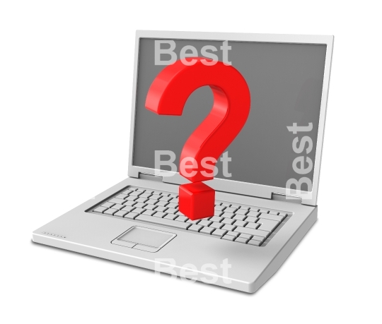 Laptop with question mark isolated on white.