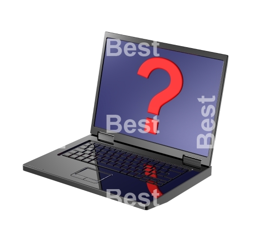 Laptop with question mark on the screen isolated on white.