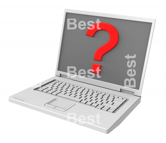 Laptop with question mark on the screen isolated on white.