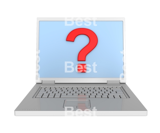 Laptop with question mark on the screen isolated on white.