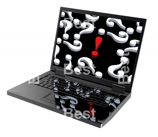 Laptop with question marks and red exclamation point.