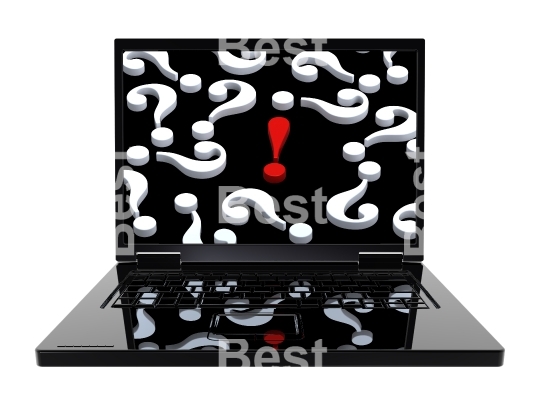 Laptop with question marks and red exclamation point.