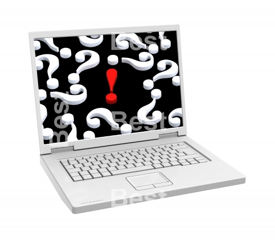 Laptop with question marks and red exclamation point.