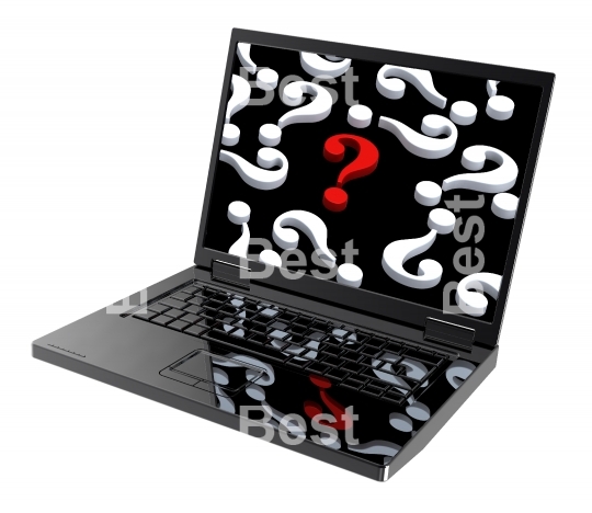 Laptop with question marks on the screen isolated over white.