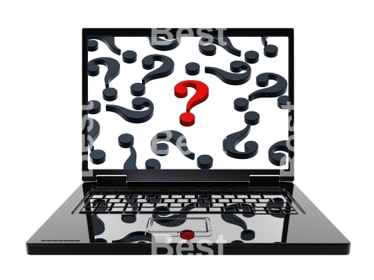 Laptop with question marks on the screen isolated over white.
