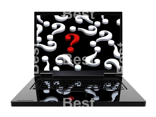 Laptop with question marks on the screen isolated over white.