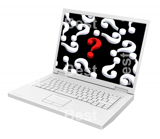 Laptop with question marks on the screen isolated over white.