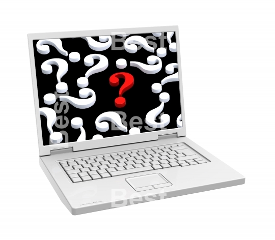 Laptop with question marks on the screen isolated over white.