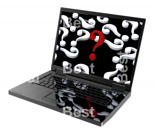 Laptop with question marks on the screen isolated over white.