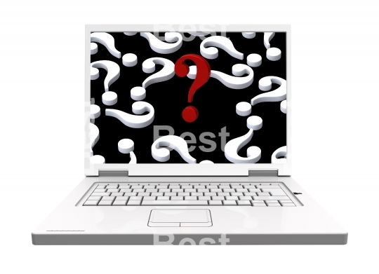 Laptop with question marks on the screen isolated over white.