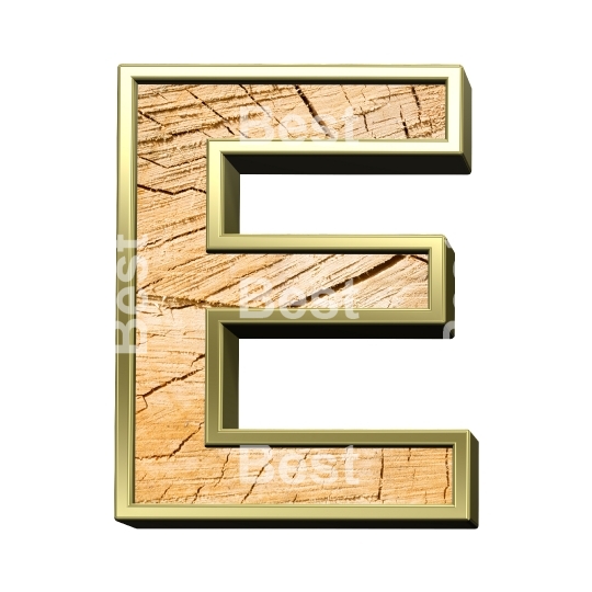 Letter from pine wood with gold frame alphabet set isolated over white.
