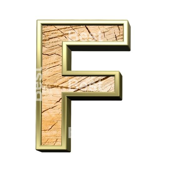 Letter from pine wood with gold frame alphabet set isolated over white.