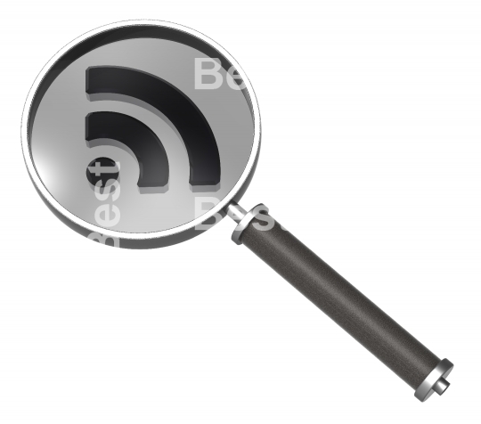 Magnifier with RSS symbol isolated on white.