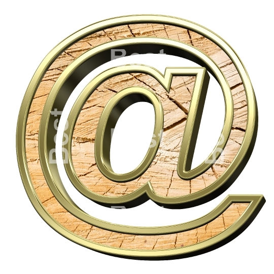 Mail sign from wooden with gold frame alphabet set isolated over white.