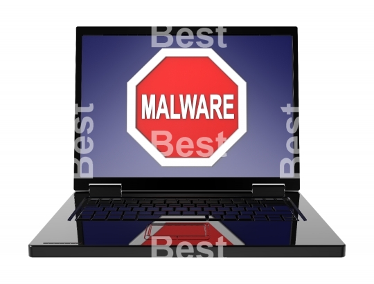 Malware warning sign on laptop screen.