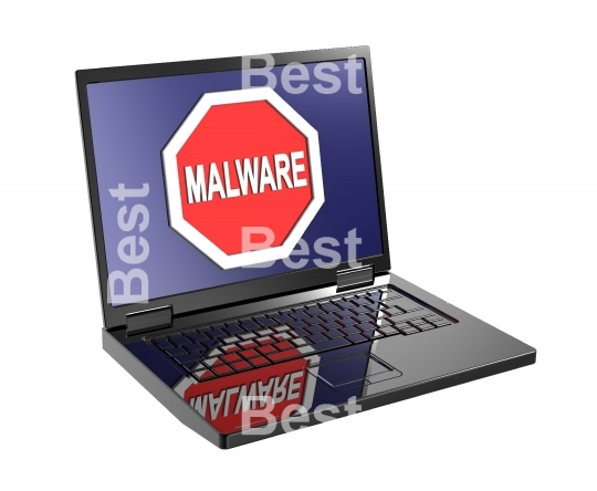 Malware warning sign on laptop screen.