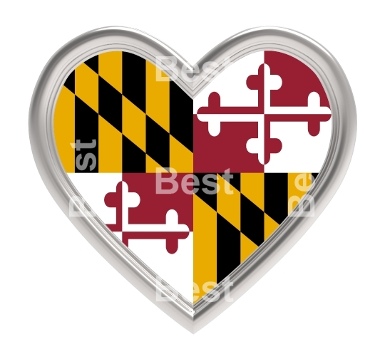 Maryland flag in silver heart isolated on white background
