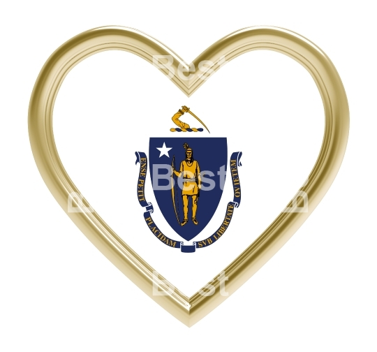 Massachusetts flag in gold heart isolated on white background