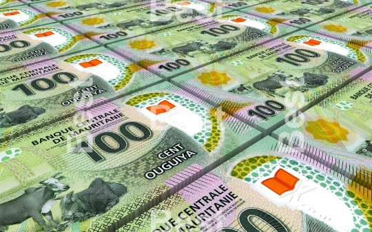 Mauritanian ouguiya bills stacks background