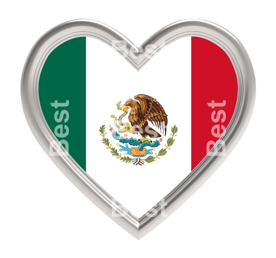 Mexico flag in silver heart isolated on white background