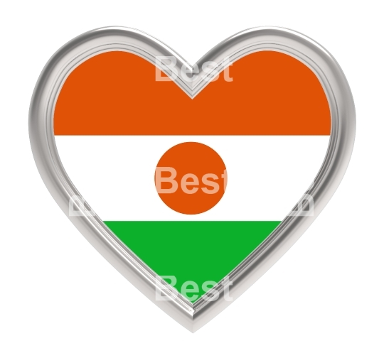 Niger flag in silver heart isolated on white background