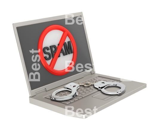 No spam sign on laptop screen with handcuffs.