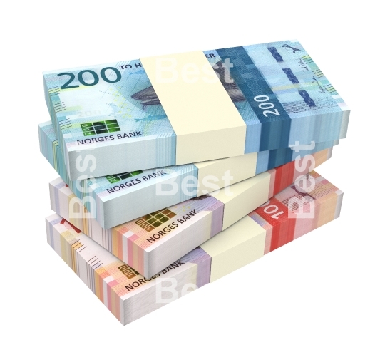 Norwegian krone bills isolated on white with clipping path