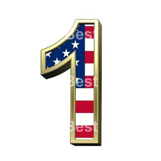 Number from alphabet set american flag isolated over white.