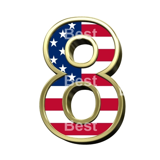 Number from alphabet set american flag isolated over white.