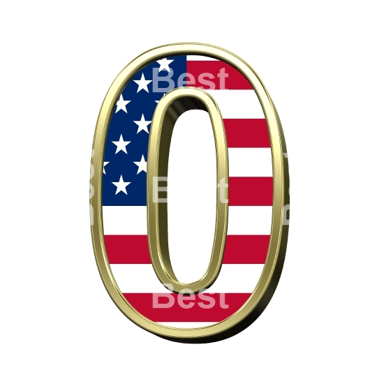 Number from alphabet set american flag isolated over white.