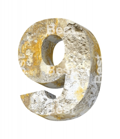 Number from old concrete alphabet set isolated over white. 