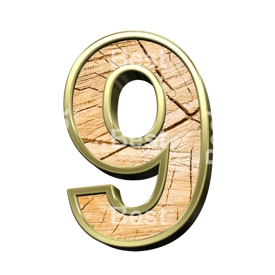 Number from wooden with gold frame alphabet set isolated over white. 