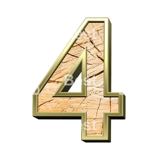 Number from wooden with gold frame alphabet set isolated over white.