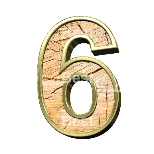 Number from wooden with gold frame alphabet set isolated over white.