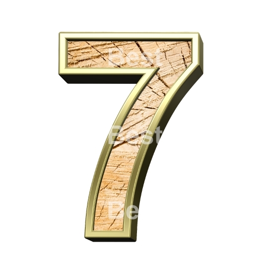 Number from wooden with gold frame alphabet set isolated over white.