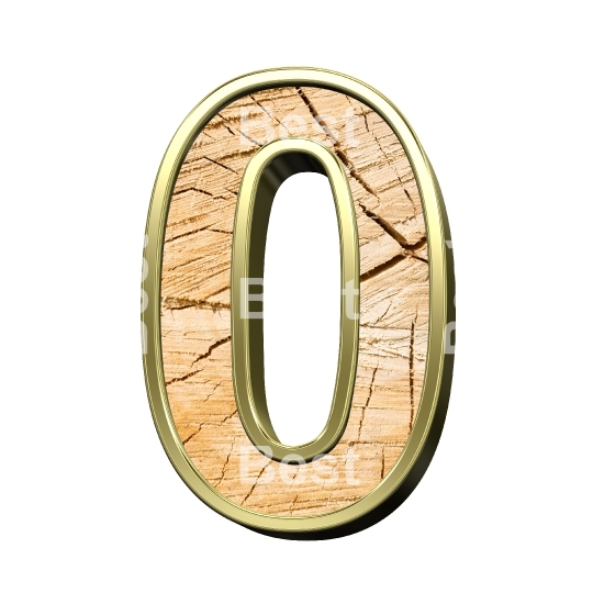 Number from wooden with gold frame alphabet set isolated over white.