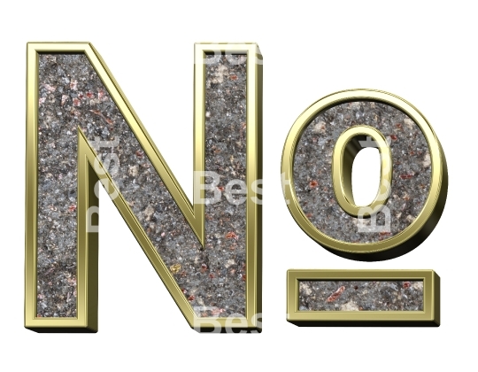 Number mark from corroded steel with gold frame alphabet set, isolated on white.
